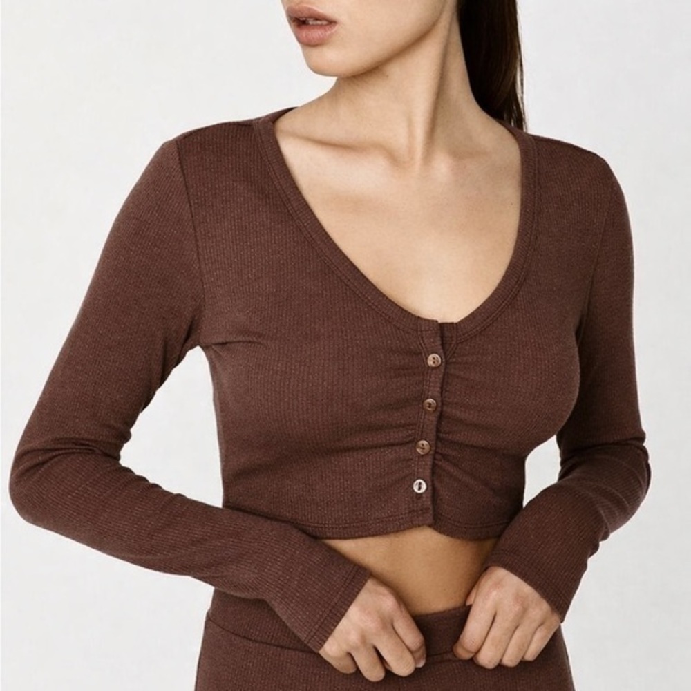 Garage Brown Ribbed Cropped Cardigan Button Front Size S